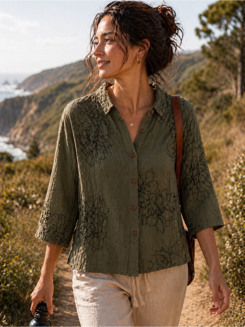 Russ Berens Linen Blouse Floral Lightweight Boho Top